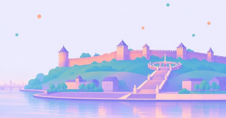 Силуэт Нижнего Новгорода: кремлёвская стена на холме, Чкаловская лестница и набережная